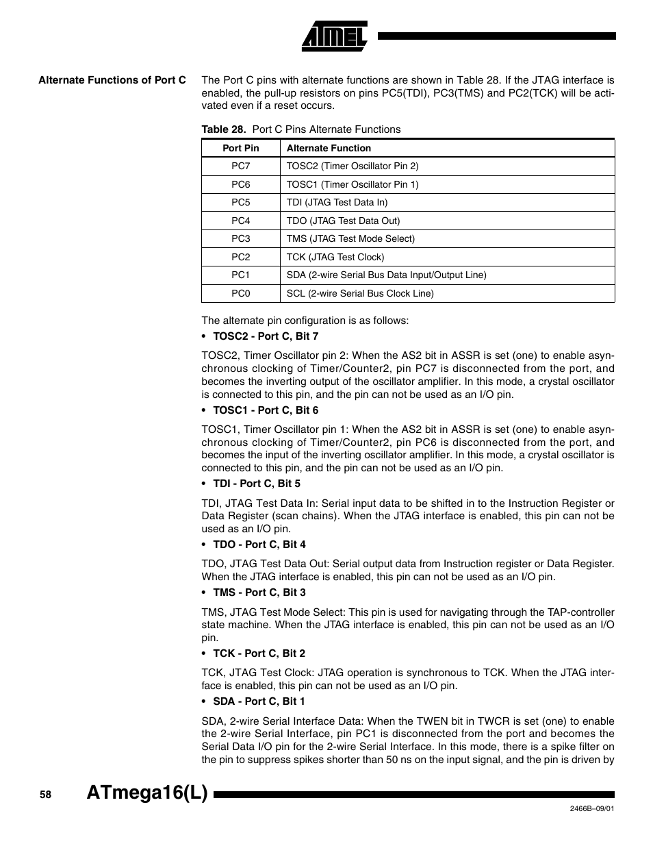 Alternate functions of port c, Atmega16(l) | Rainbow Electronics ATmega64L User Manual | Page 58 / 298