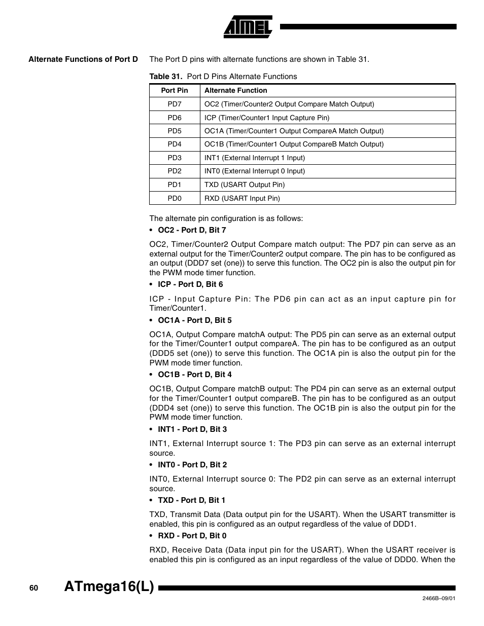 Alternate functions of port d, Atmega16(l) | Rainbow Electronics ATmega64L User Manual | Page 60 / 298