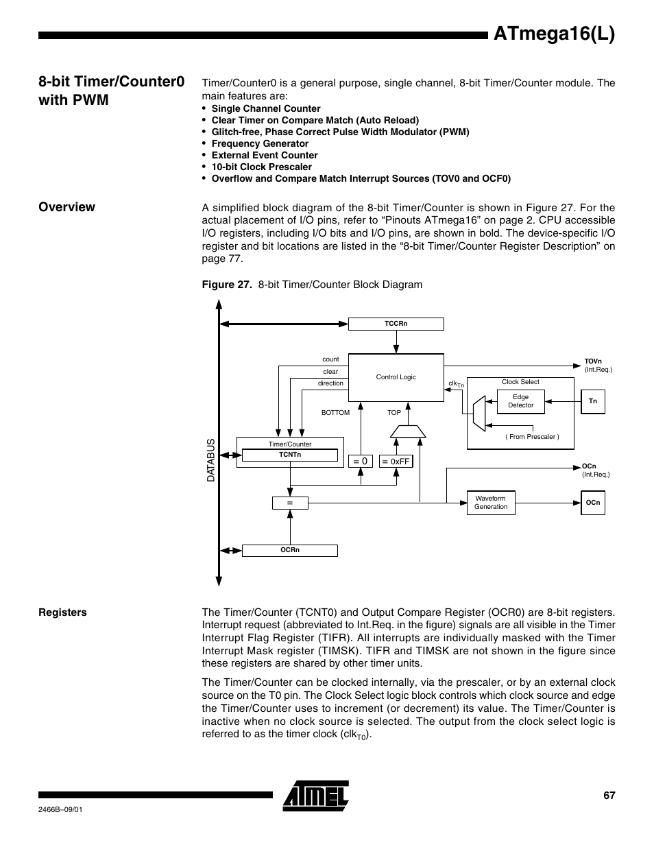 Bit timer/counter0 with pwm, Overview, Registers | Atmega16(l) | Rainbow Electronics ATmega64L User Manual | Page 67 / 298