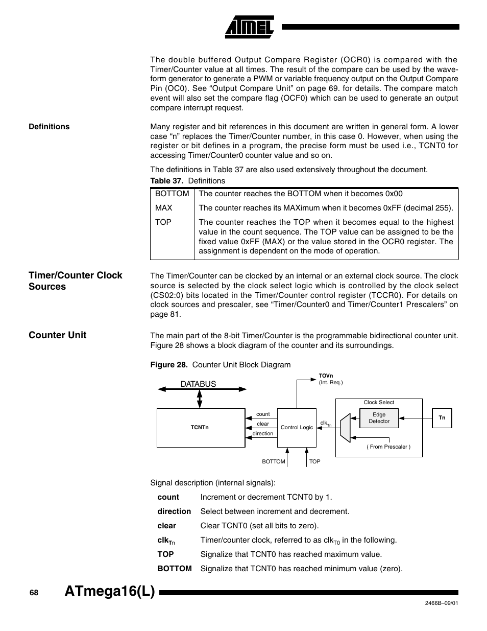 Definitions, Timer/counter clock sources, Counter unit | Atmega16(l) | Rainbow Electronics ATmega64L User Manual | Page 68 / 298