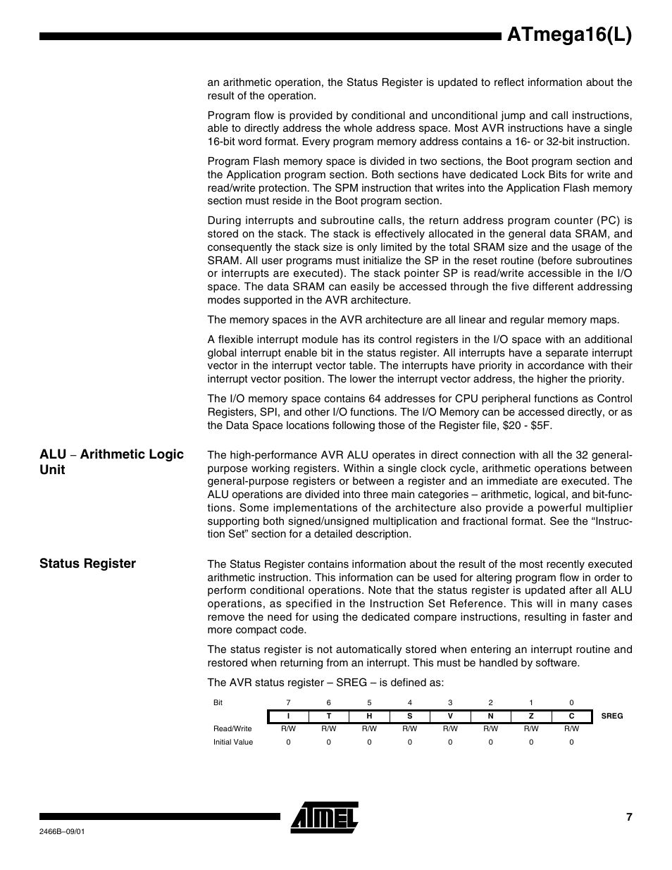 Alu – arithmetic logic unit, Status register, Atmega16(l) | Arithmetic logic unit | Rainbow Electronics ATmega64L User Manual | Page 7 / 298