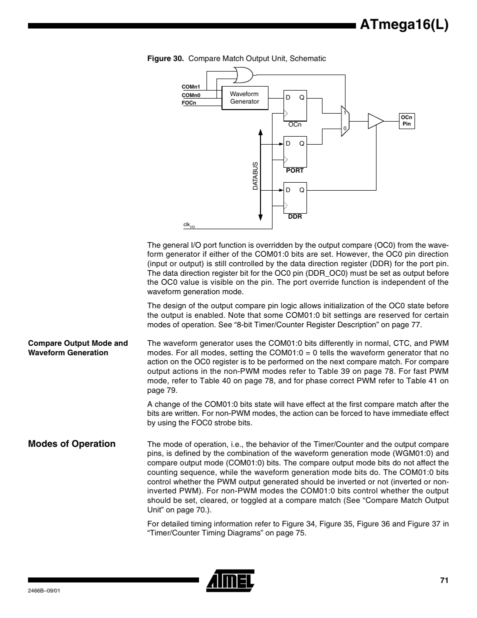 Compare output mode and waveform generation, Modes of operation, Atmega16(l) | Rainbow Electronics ATmega64L User Manual | Page 71 / 298