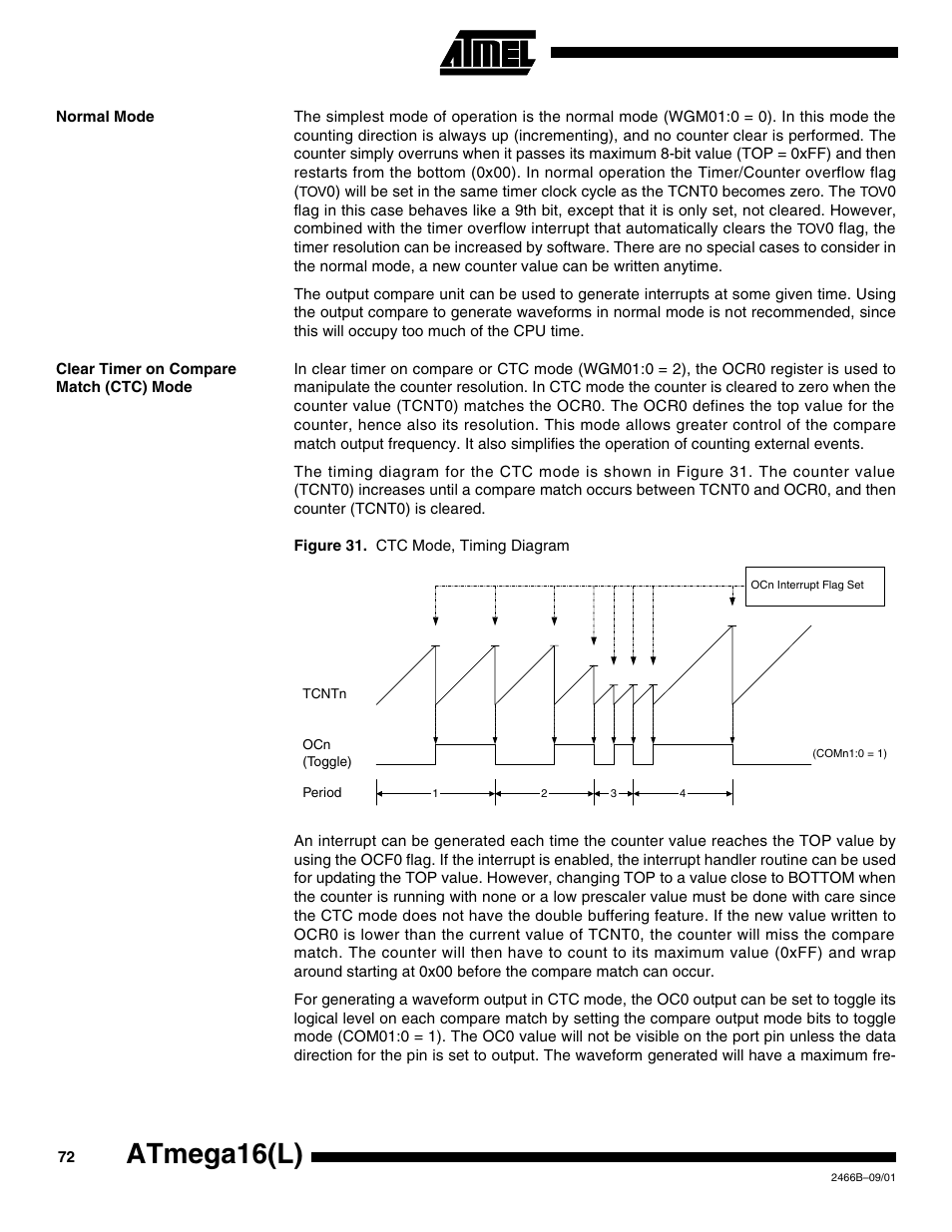 Normal mode, Clear timer on compare match (ctc) mode, Atmega16(l) | Rainbow Electronics ATmega64L User Manual | Page 72 / 298