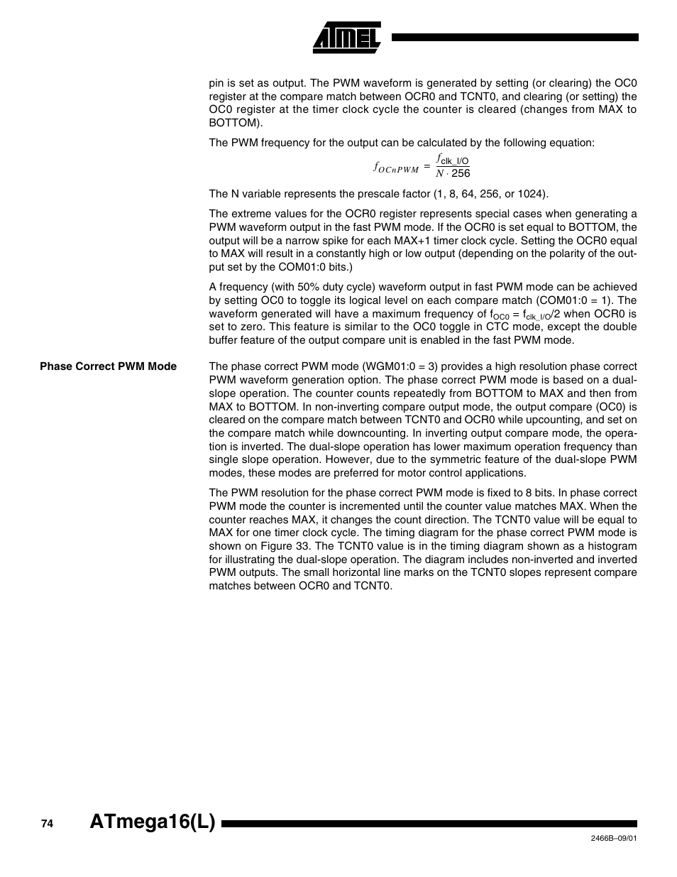 Phase correct pwm mode, Atmega16(l) | Rainbow Electronics ATmega64L User Manual | Page 74 / 298