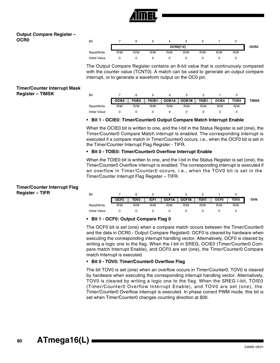 Output compare register – ocr0, Timer/counter interrupt mask register – timsk, Timer/counter interrupt flag register – tifr | Atmega16(l) | Rainbow Electronics ATmega64L User Manual | Page 80 / 298