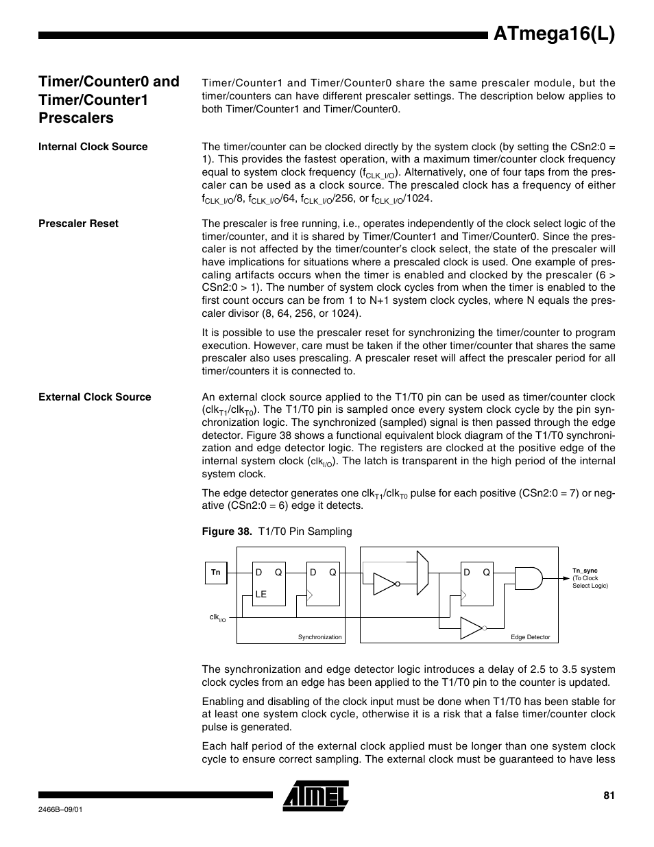 Timer/counter0 and timer/counter1 prescalers, Internal clock source, Prescaler reset | External clock source, Atmega16(l) | Rainbow Electronics ATmega64L User Manual | Page 81 / 298