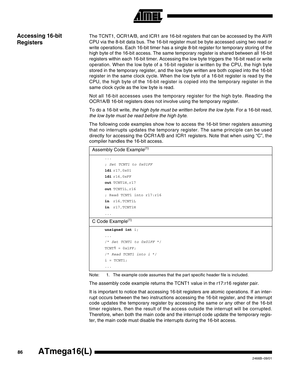 Accessing 16-bit registers, Atmega16(l) | Rainbow Electronics ATmega64L User Manual | Page 86 / 298