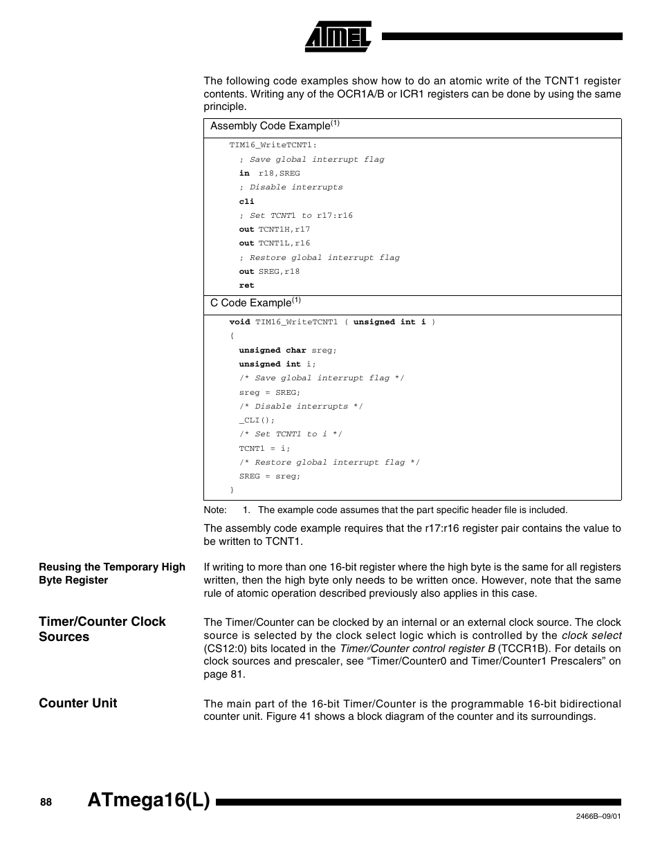 Reusing the temporary high byte register, Timer/counter clock sources, Counter unit | Atmega16(l) | Rainbow Electronics ATmega64L User Manual | Page 88 / 298