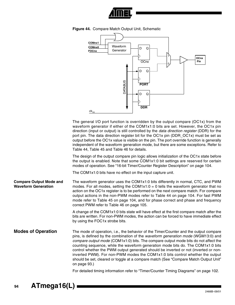 Compare output mode and waveform generation, Modes of operation, Atmega16(l) | Rainbow Electronics ATmega64L User Manual | Page 94 / 298