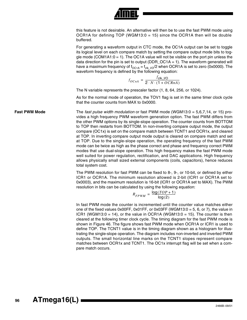 Fast pwm mode, Atmega16(l) | Rainbow Electronics ATmega64L User Manual | Page 96 / 298