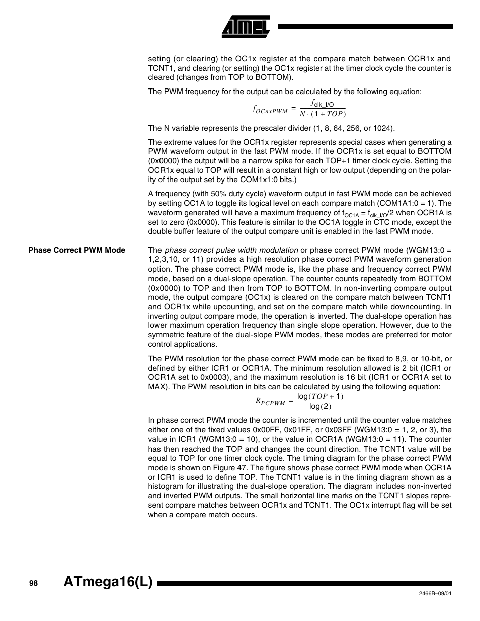 Phase correct pwm mode, Atmega16(l) | Rainbow Electronics ATmega64L User Manual | Page 98 / 298