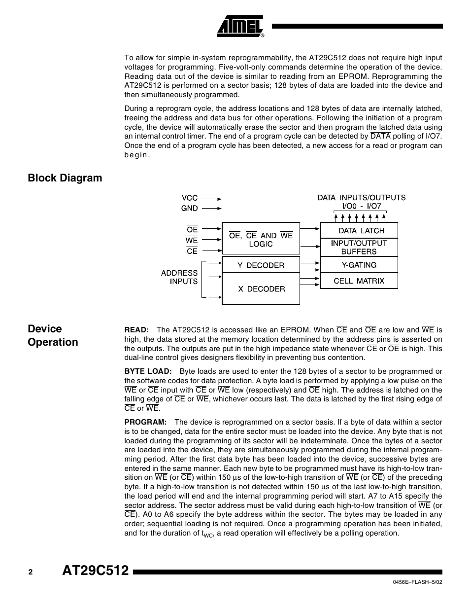 Block diagram, Device operation, Block diagram device operation | Rainbow Electronics AT29C512 User Manual | Page 2 / 18