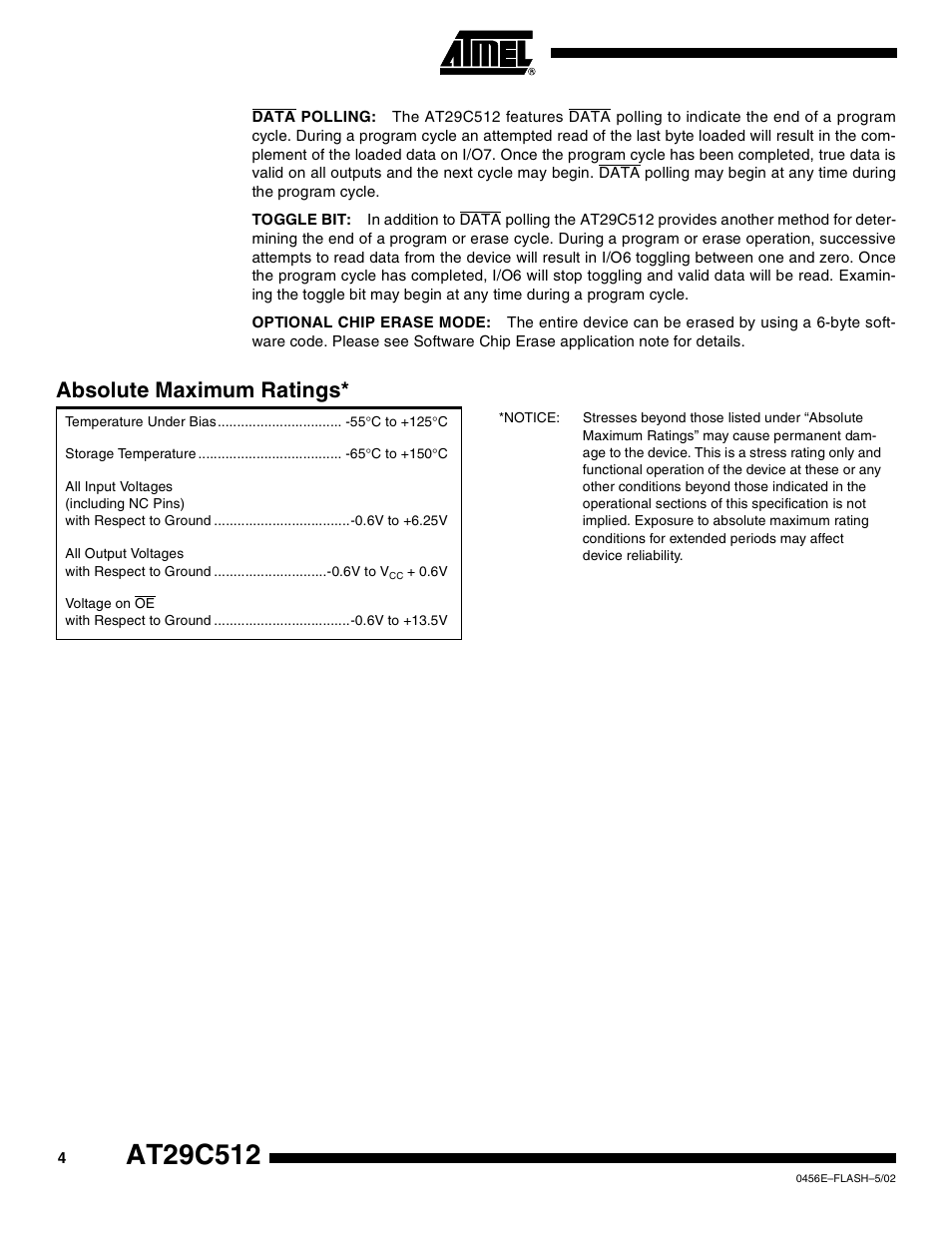 Absolute maximum ratings | Rainbow Electronics AT29C512 User Manual | Page 4 / 18