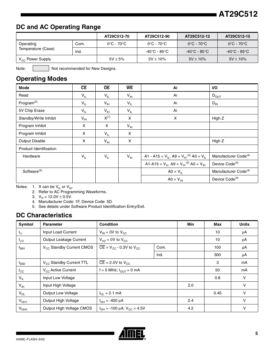 Dc and ac operating range, Operating modes, Dc characteristics | Rainbow Electronics AT29C512 User Manual | Page 5 / 18