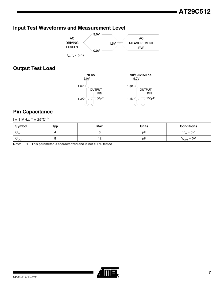 Input test waveforms and measurement level, Output test load, Pin capacitance | Rainbow Electronics AT29C512 User Manual | Page 7 / 18