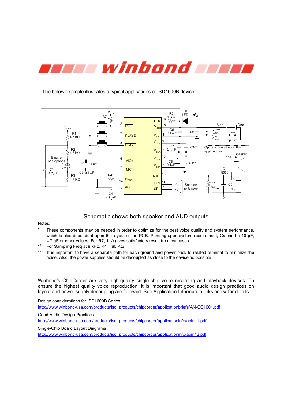 Isd1600b series, Typical application circuit, Schematic shows both speaker and aud outputs | Rainbow Electronics ISD1600B User Manual | Page 17 / 23