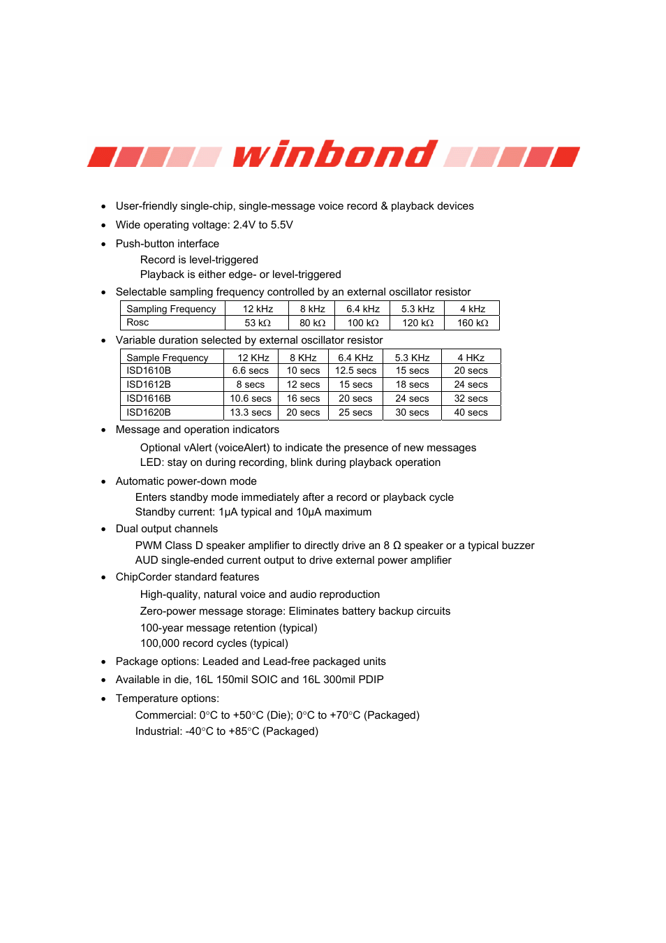 Isd1600b series | Rainbow Electronics ISD1600B User Manual | Page 4 / 23