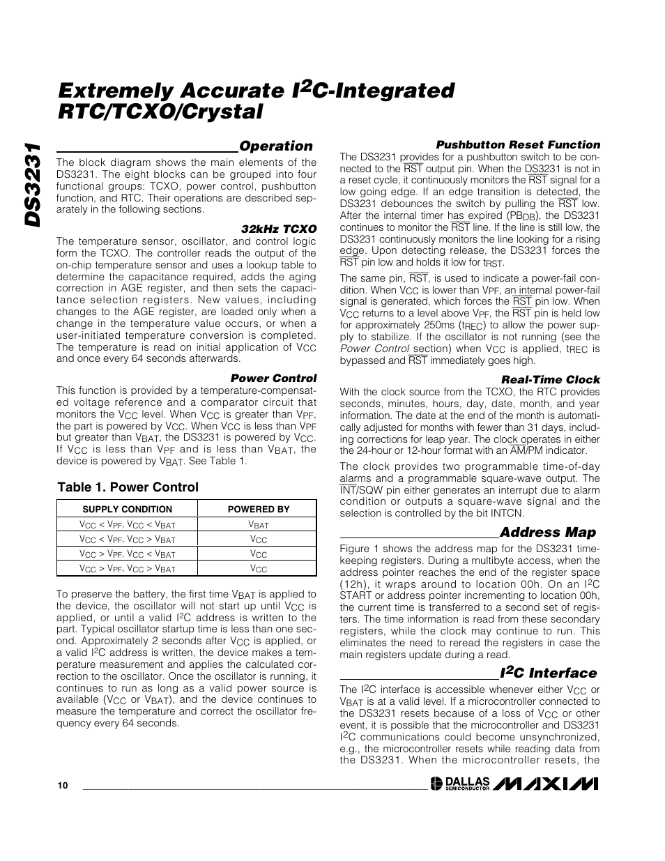 Ds3231, Extremely accurate i, C-integrated rtc/tcxo/crystal | Operation, Address map, C interface, Table 1. power control | Rainbow Electronics DS3231 User Manual | Page 10 / 19