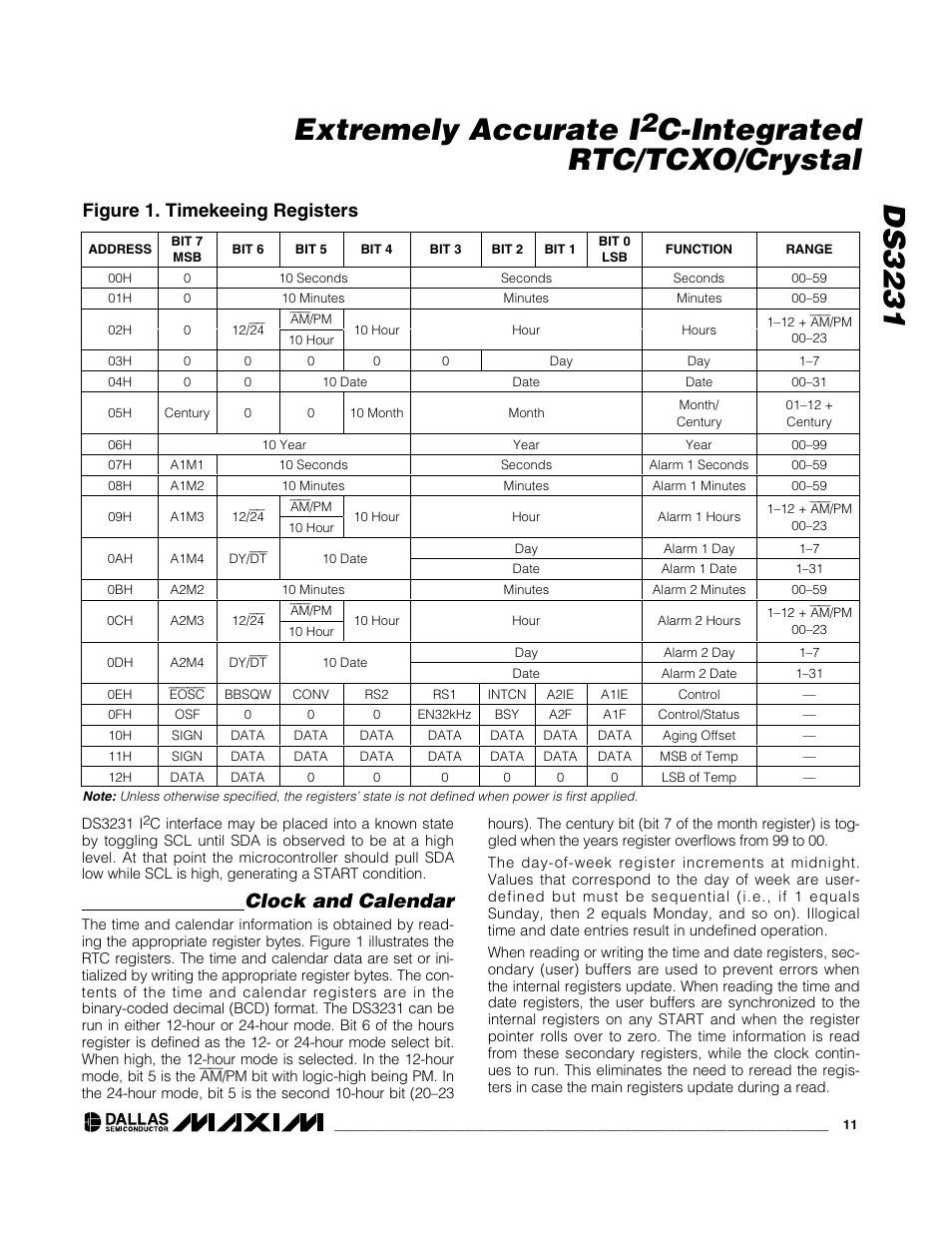 Ds3231 extremely accurate i, C-integrated rtc/tcxo/crystal, Clock and calendar | Figure 1. timekeeing registers | Rainbow Electronics DS3231 User Manual | Page 11 / 19