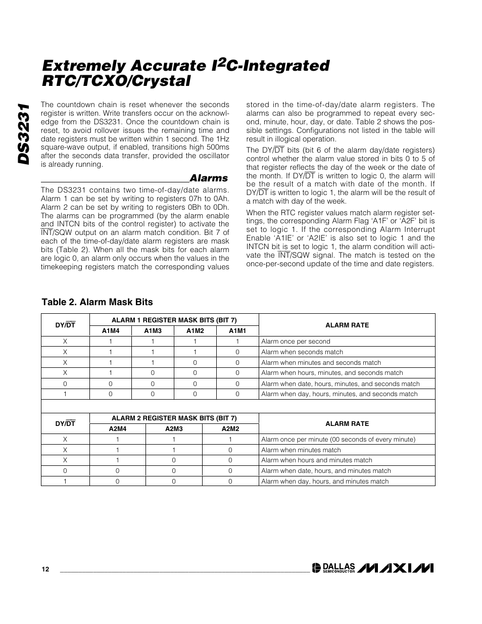Ds3231, Extremely accurate i, C-integrated rtc/tcxo/crystal | Alarms, Table 2. alarm mask bits | Rainbow Electronics DS3231 User Manual | Page 12 / 19