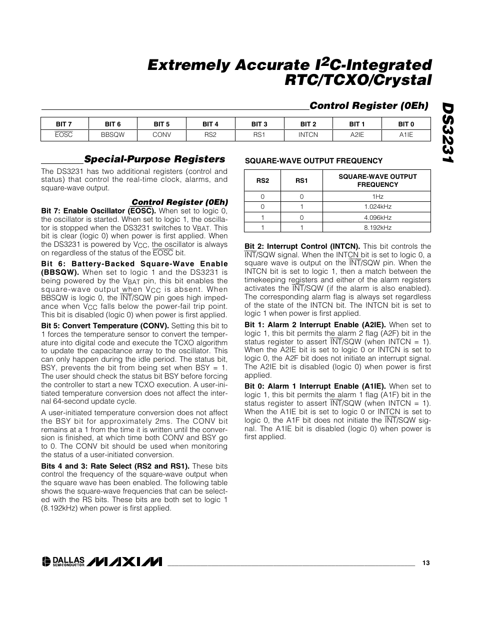Ds3231 extremely accurate i, C-integrated rtc/tcxo/crystal, Special-purpose registers | Control register (0eh) | Rainbow Electronics DS3231 User Manual | Page 13 / 19