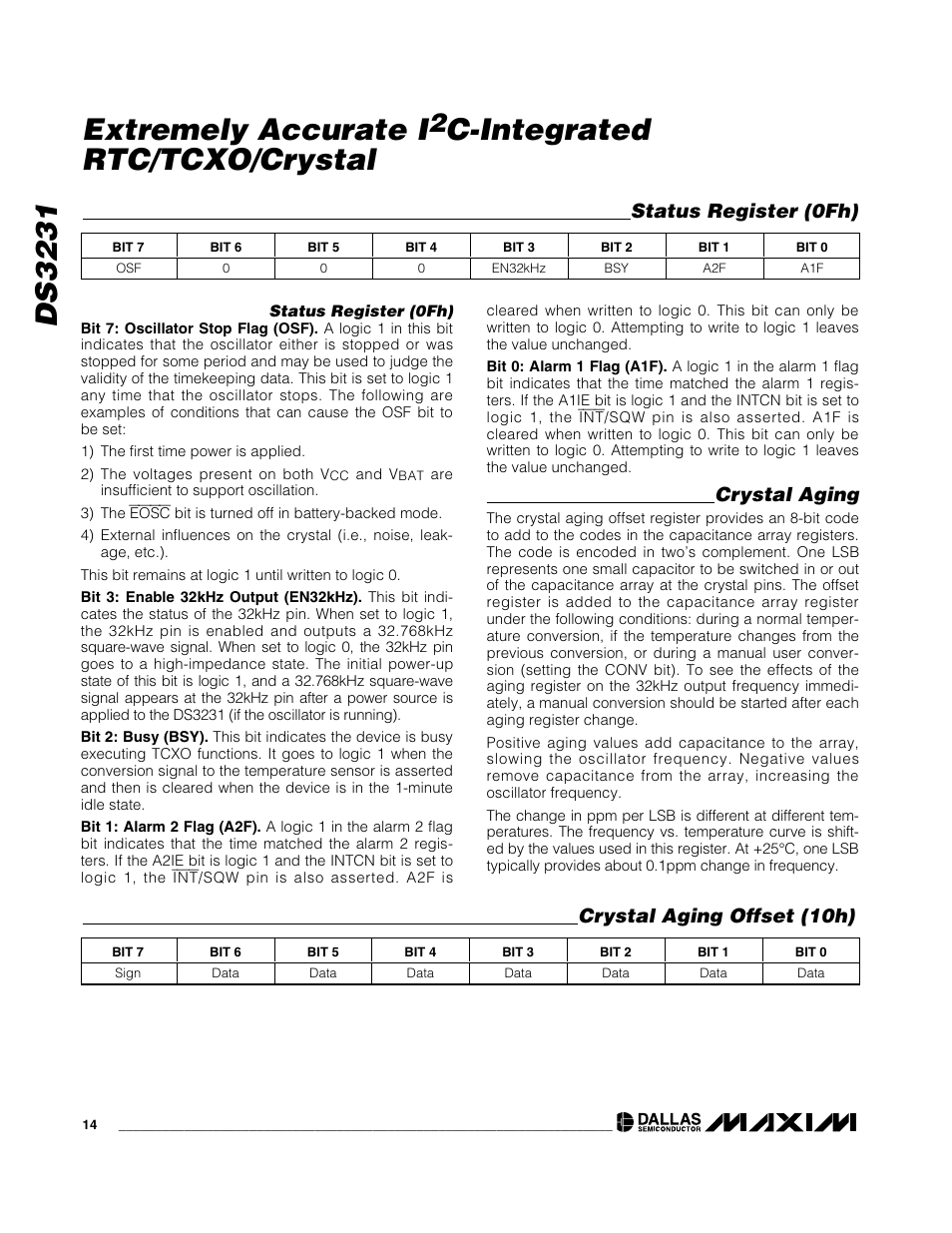 Ds3231, Extremely accurate i, C-integrated rtc/tcxo/crystal | Crystal aging, Crystal aging offset (10h), Status register (0fh) | Rainbow Electronics DS3231 User Manual | Page 14 / 19