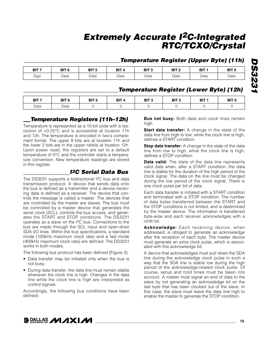 Ds3231 extremely accurate i, C-integrated rtc/tcxo/crystal, Temperature registers (11h–12h) | C serial data bus, Temperature register (upper byte) (11h), Temperature register (lower byte) (12h) | Rainbow Electronics DS3231 User Manual | Page 15 / 19