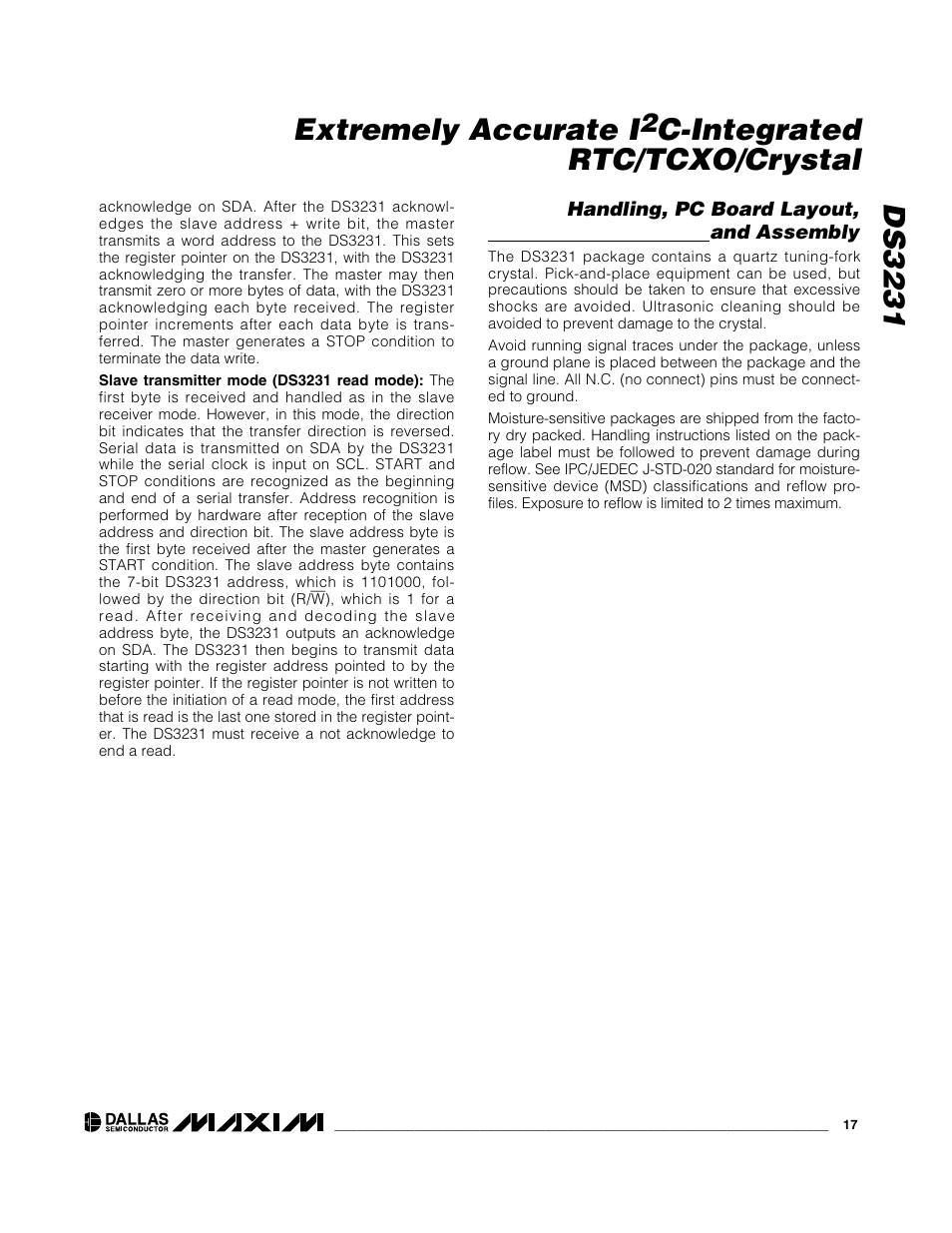 Ds3231 extremely accurate i, C-integrated rtc/tcxo/crystal | Rainbow Electronics DS3231 User Manual | Page 17 / 19