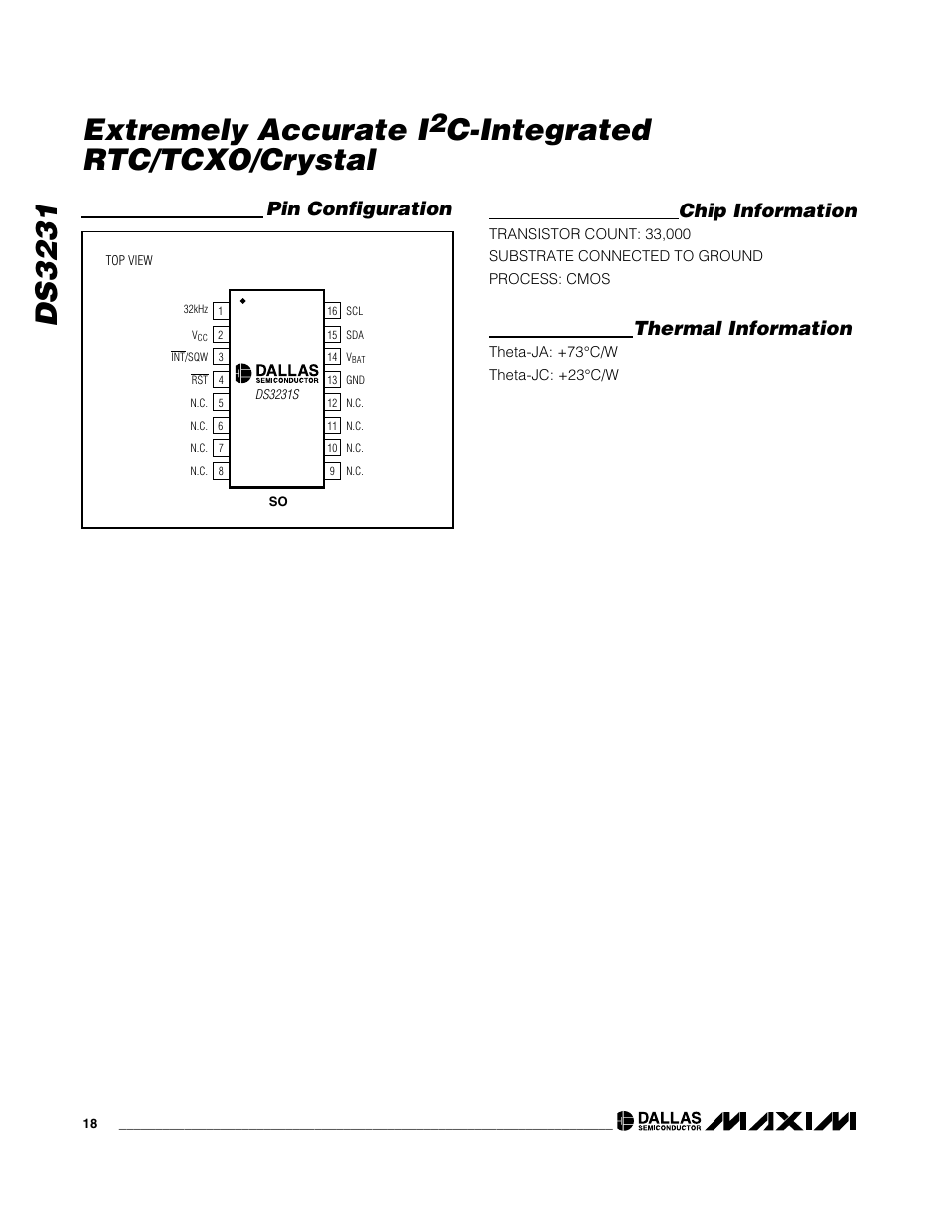 Ds3231 extremely accurate i, C-integrated rtc/tcxo/crystal, Chip information | Thermal information, Pin configuration | Rainbow Electronics DS3231 User Manual | Page 18 / 19