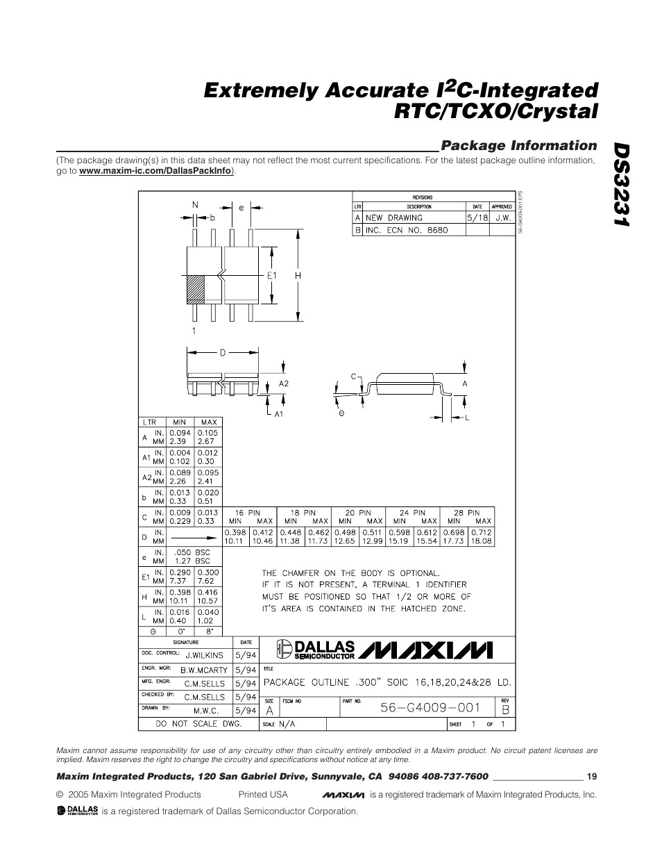 Ds3231 extremely accurate i, C-integrated rtc/tcxo/crystal | Rainbow Electronics DS3231 User Manual | Page 19 / 19