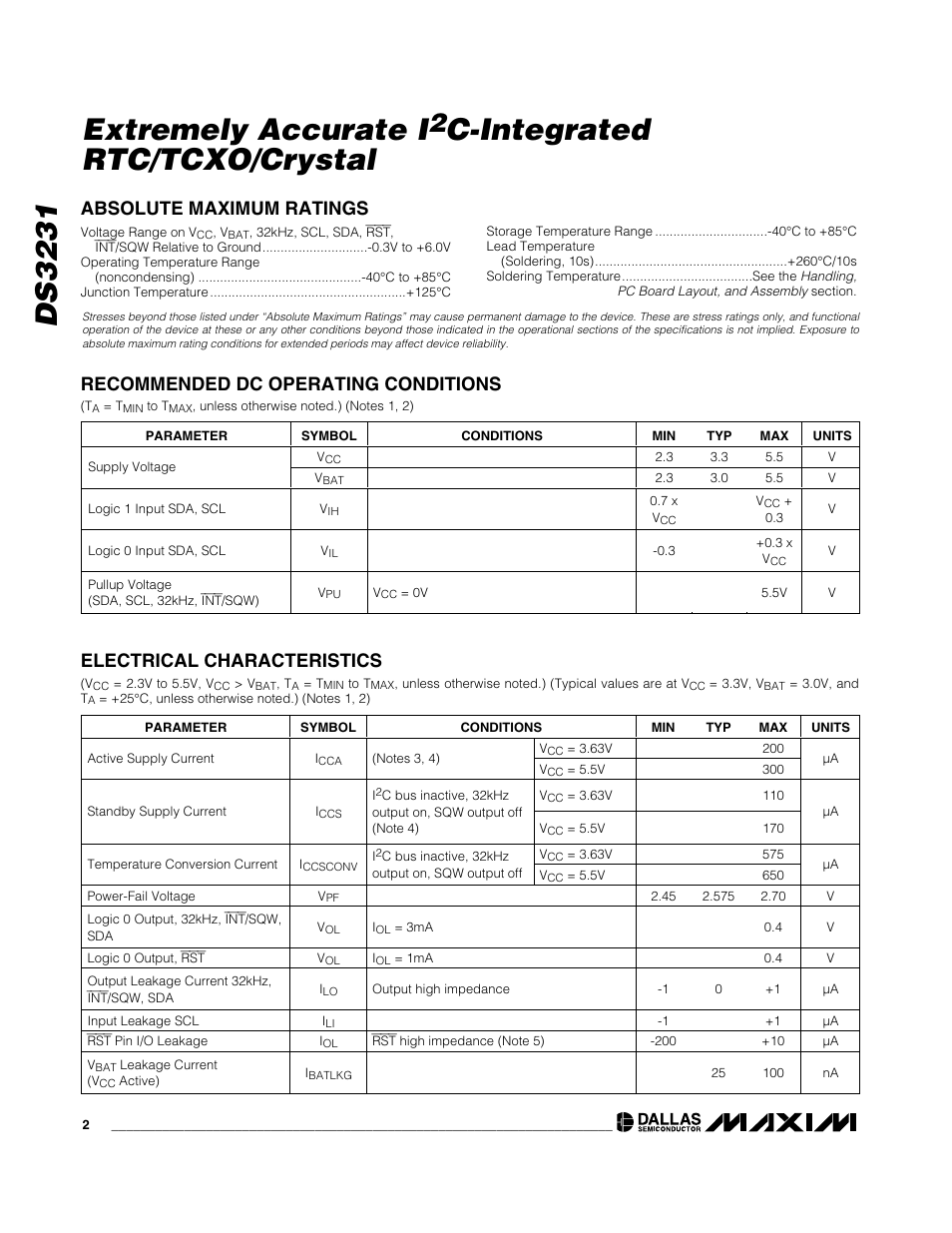 Ds3231 extremely accurate i, C-integrated rtc/tcxo/crystal, Electrical characteristics | Rainbow Electronics DS3231 User Manual | Page 2 / 19