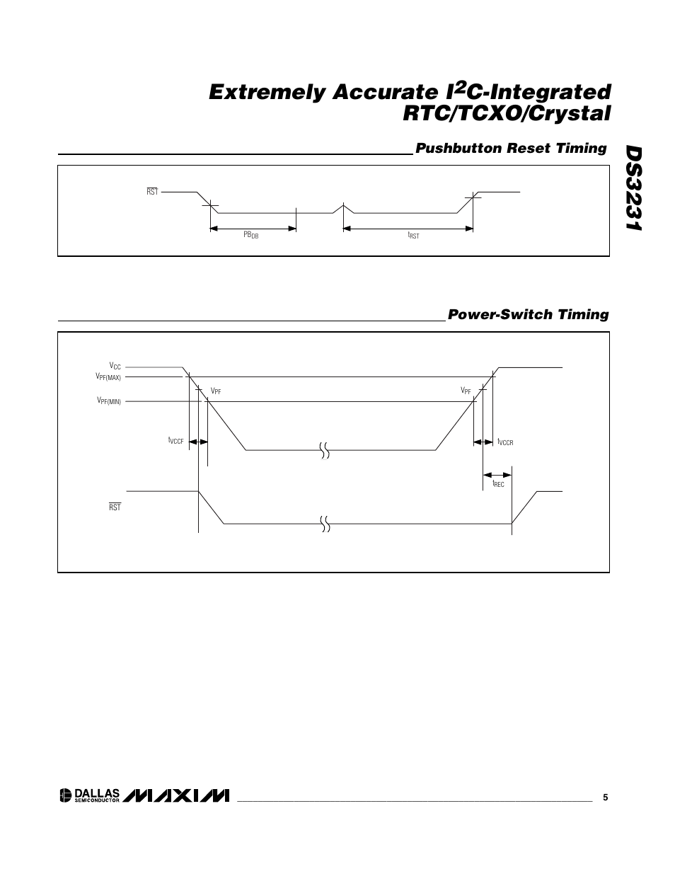 Ds3231 extremely accurate i, C-integrated rtc/tcxo/crystal, Pushbutton reset timing | Power-switch timing | Rainbow Electronics DS3231 User Manual | Page 5 / 19