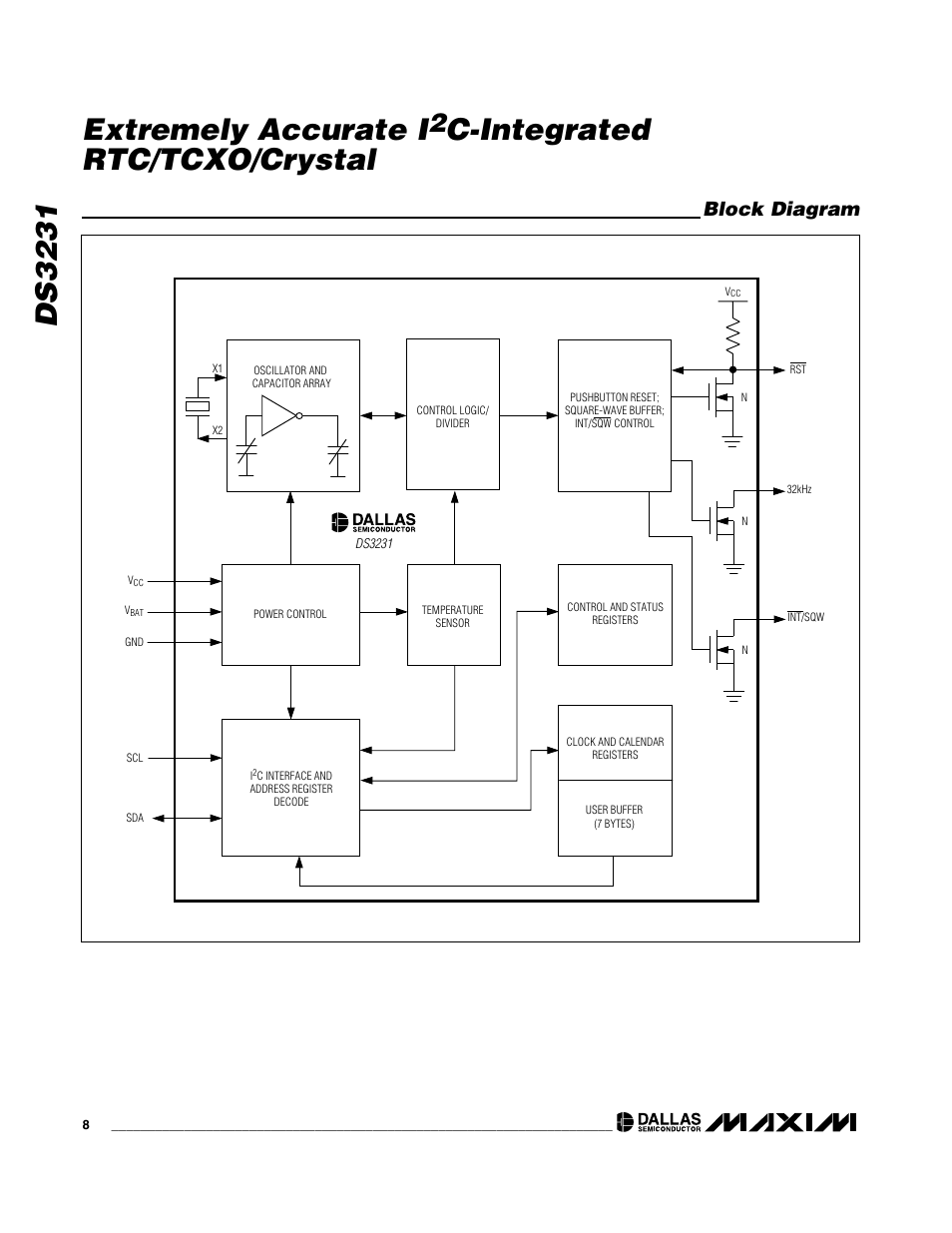 Ds3231 extremely accurate i, C-integrated rtc/tcxo/crystal, Block diagram | Rainbow Electronics DS3231 User Manual | Page 8 / 19