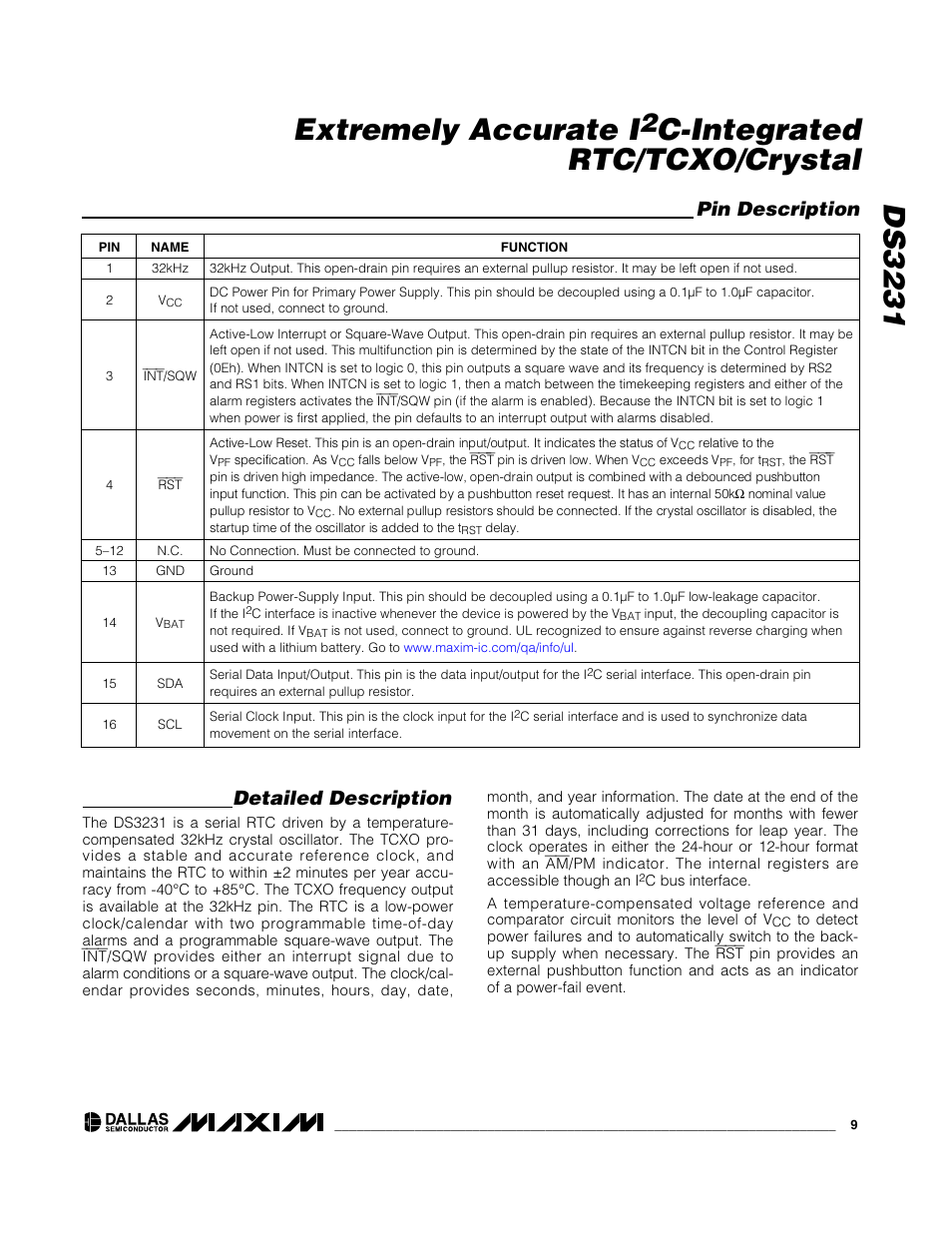 Ds3231 extremely accurate i, C-integrated rtc/tcxo/crystal, Pin description | Detailed description | Rainbow Electronics DS3231 User Manual | Page 9 / 19