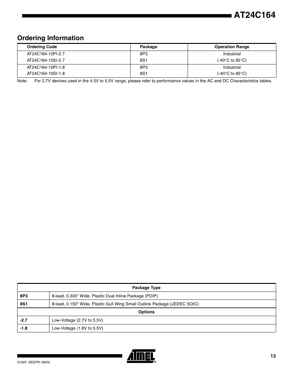 Ordering information | Rainbow Electronics AT24C164 User Manual | Page 13 / 16