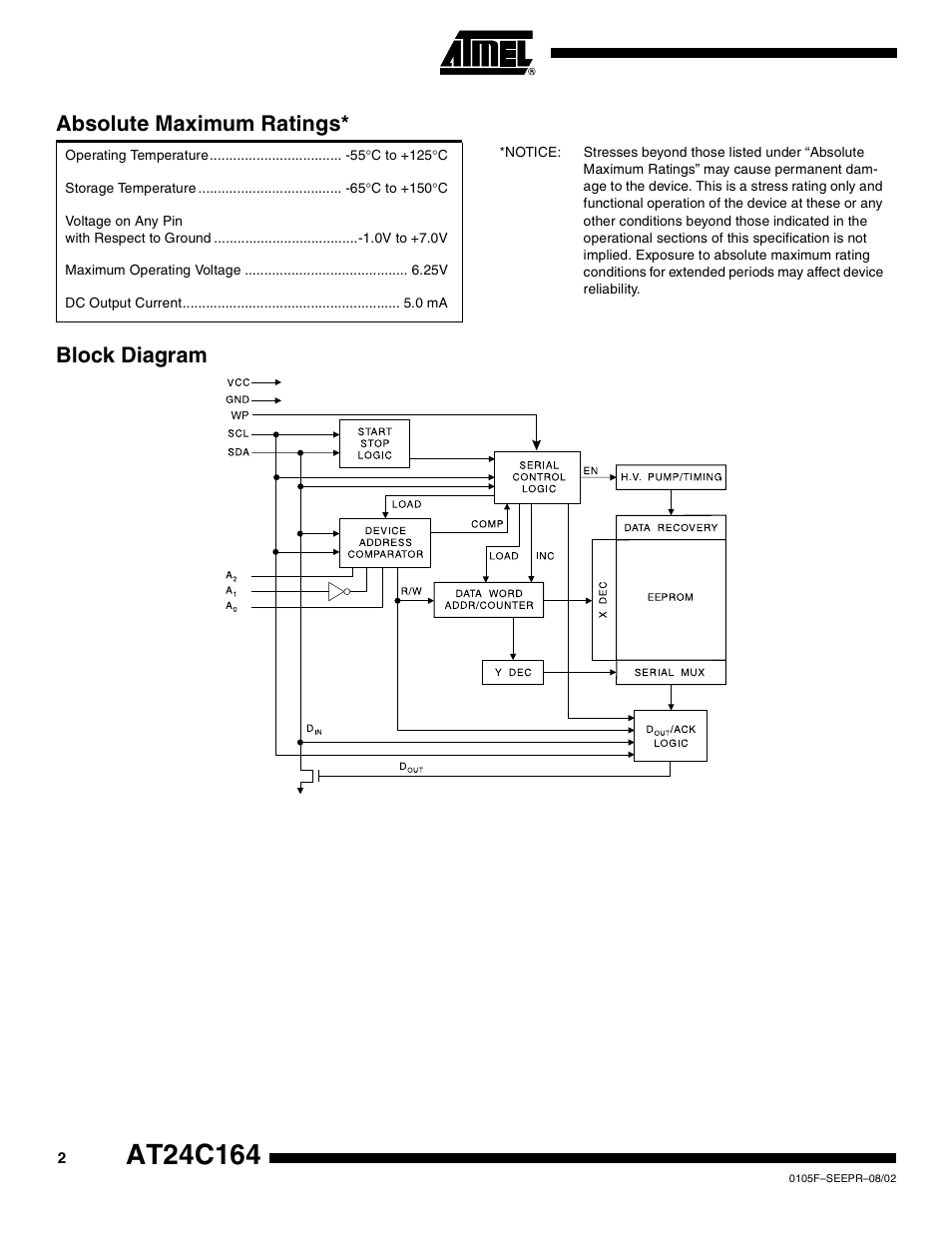 Block diagram, Block diagram absolute maximum ratings | Rainbow Electronics AT24C164 User Manual | Page 2 / 16