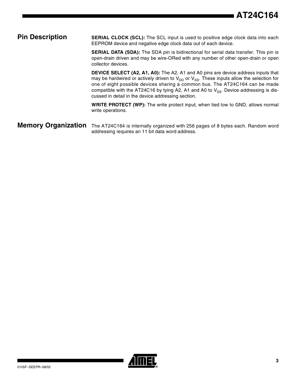 Pin description, Memory organization | Rainbow Electronics AT24C164 User Manual | Page 3 / 16