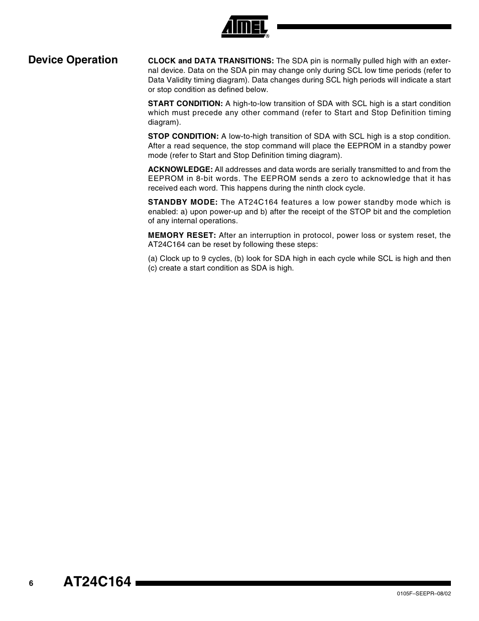 Device operation | Rainbow Electronics AT24C164 User Manual | Page 6 / 16