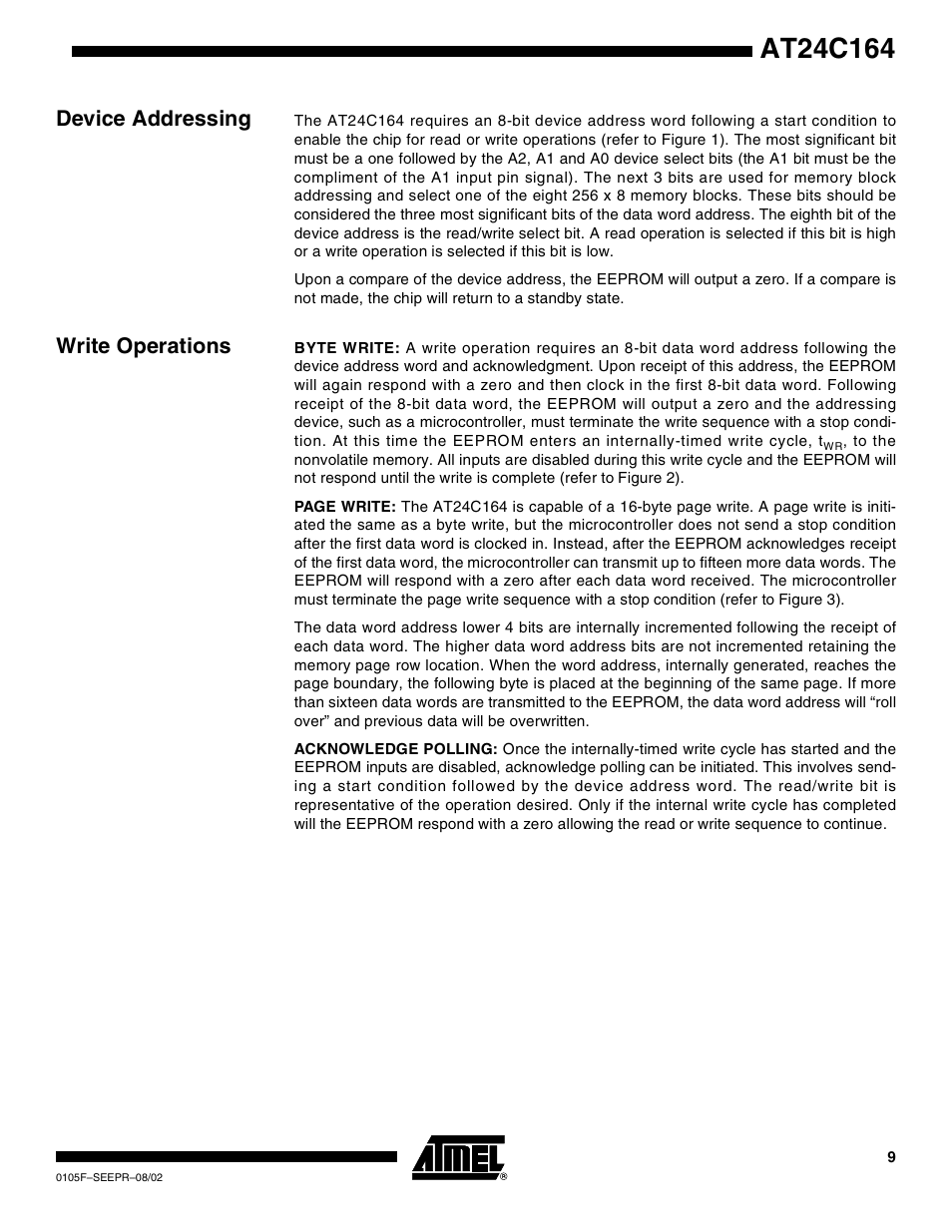 Device addressing, Write operations | Rainbow Electronics AT24C164 User Manual | Page 9 / 16