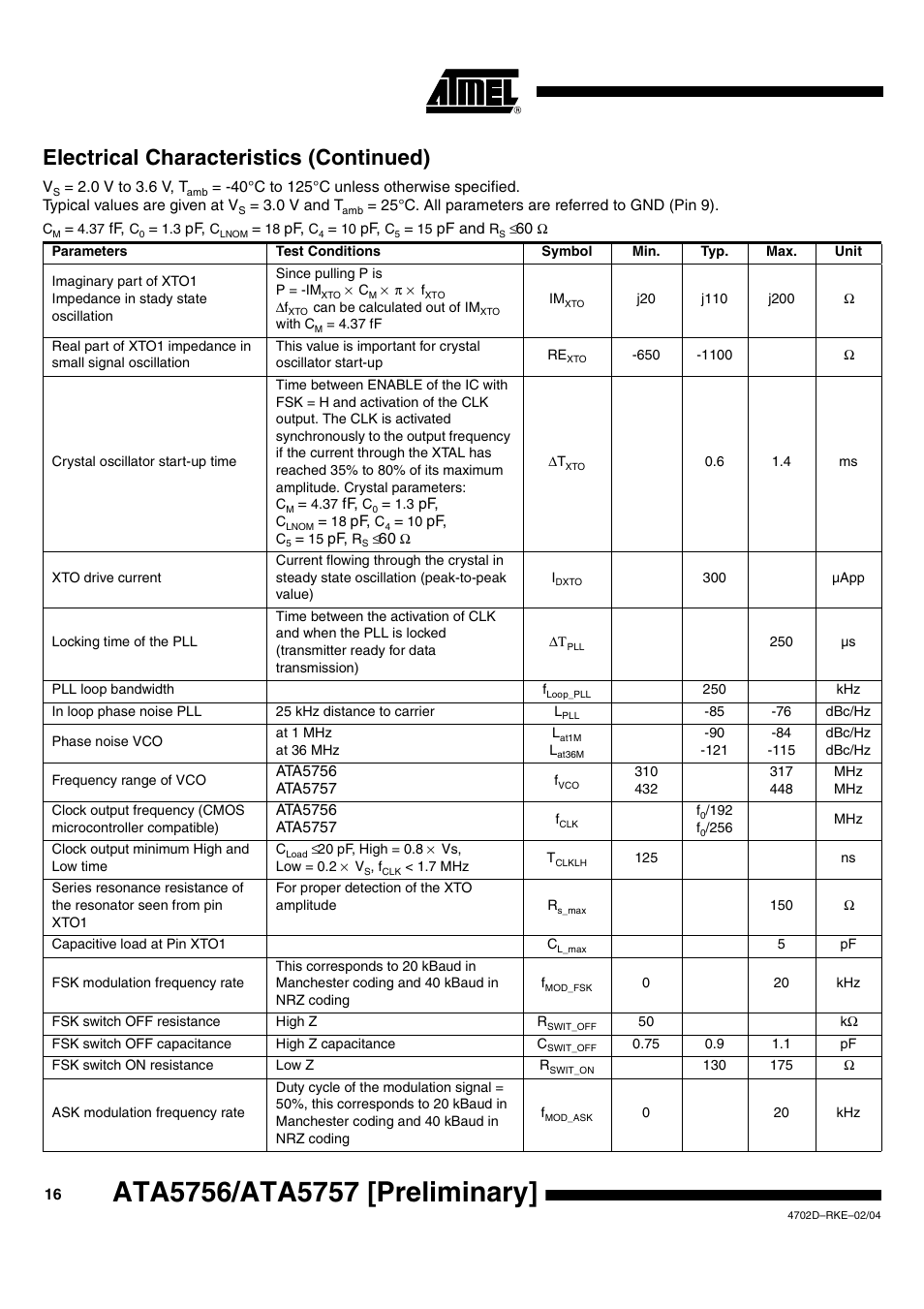 Electrical characteristics (continued) | Rainbow Electronics ATA5757 User Manual | Page 16 / 19