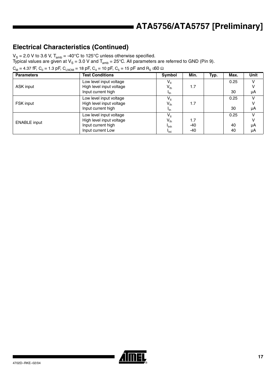 Electrical characteristics (continued) | Rainbow Electronics ATA5757 User Manual | Page 17 / 19