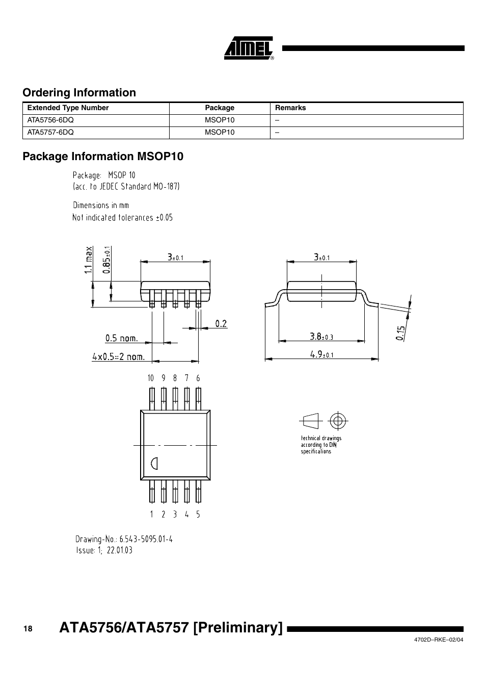 Package information msop10 ordering information | Rainbow Electronics ATA5757 User Manual | Page 18 / 19