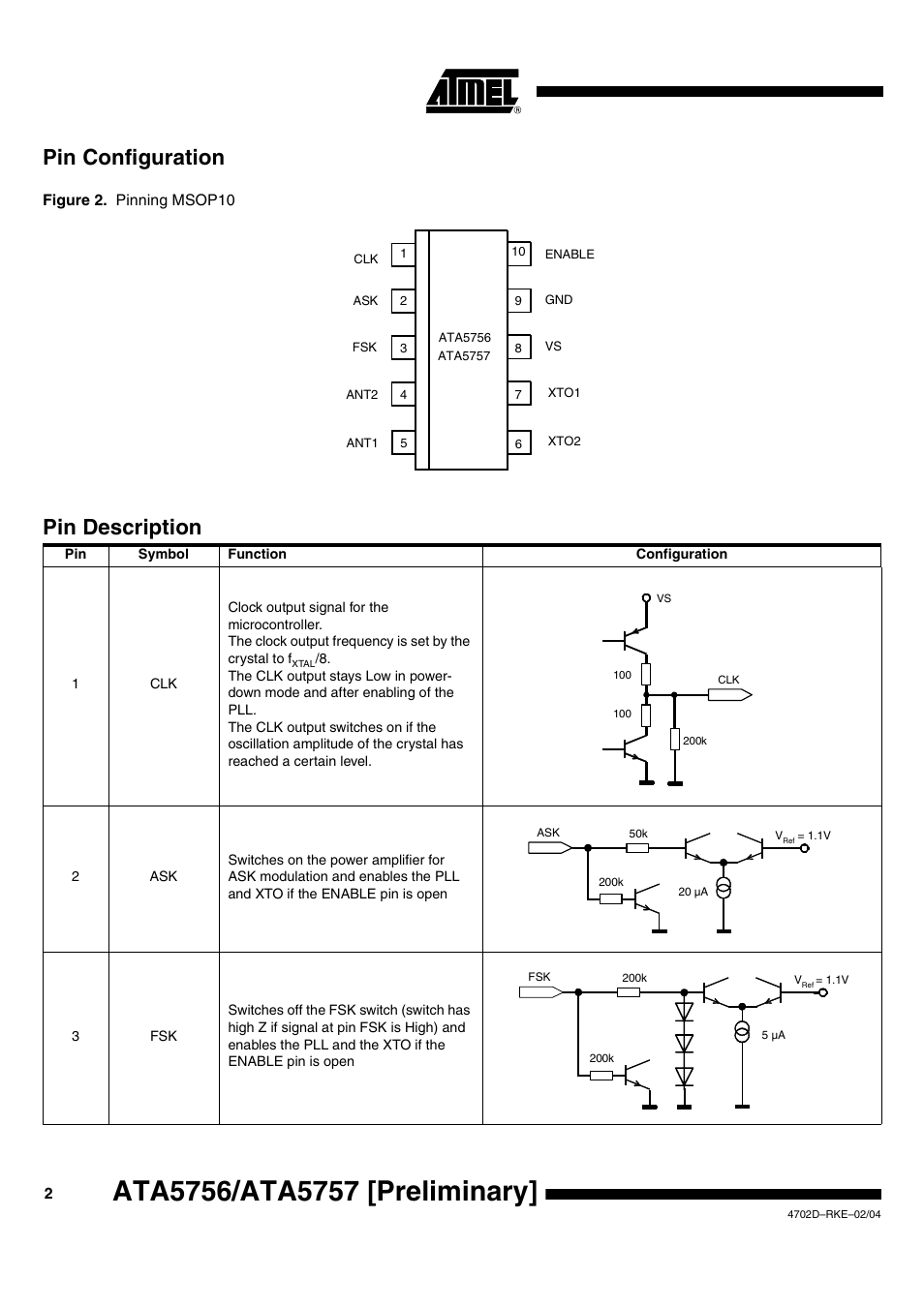 Pin configuration, Pin description | Rainbow Electronics ATA5757 User Manual | Page 2 / 19