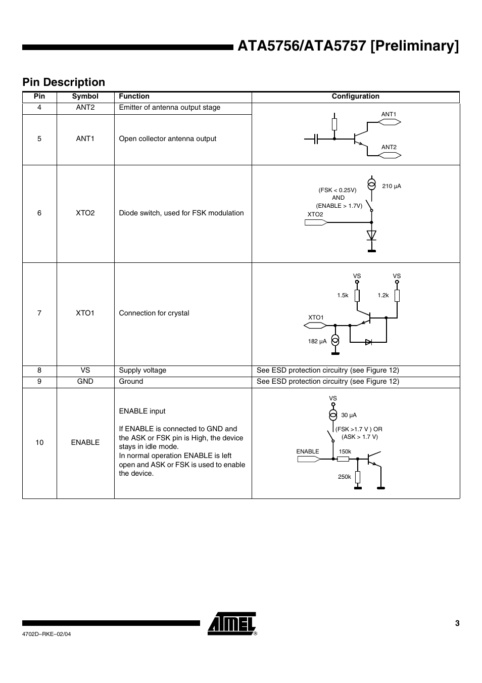 Pin description | Rainbow Electronics ATA5757 User Manual | Page 3 / 19