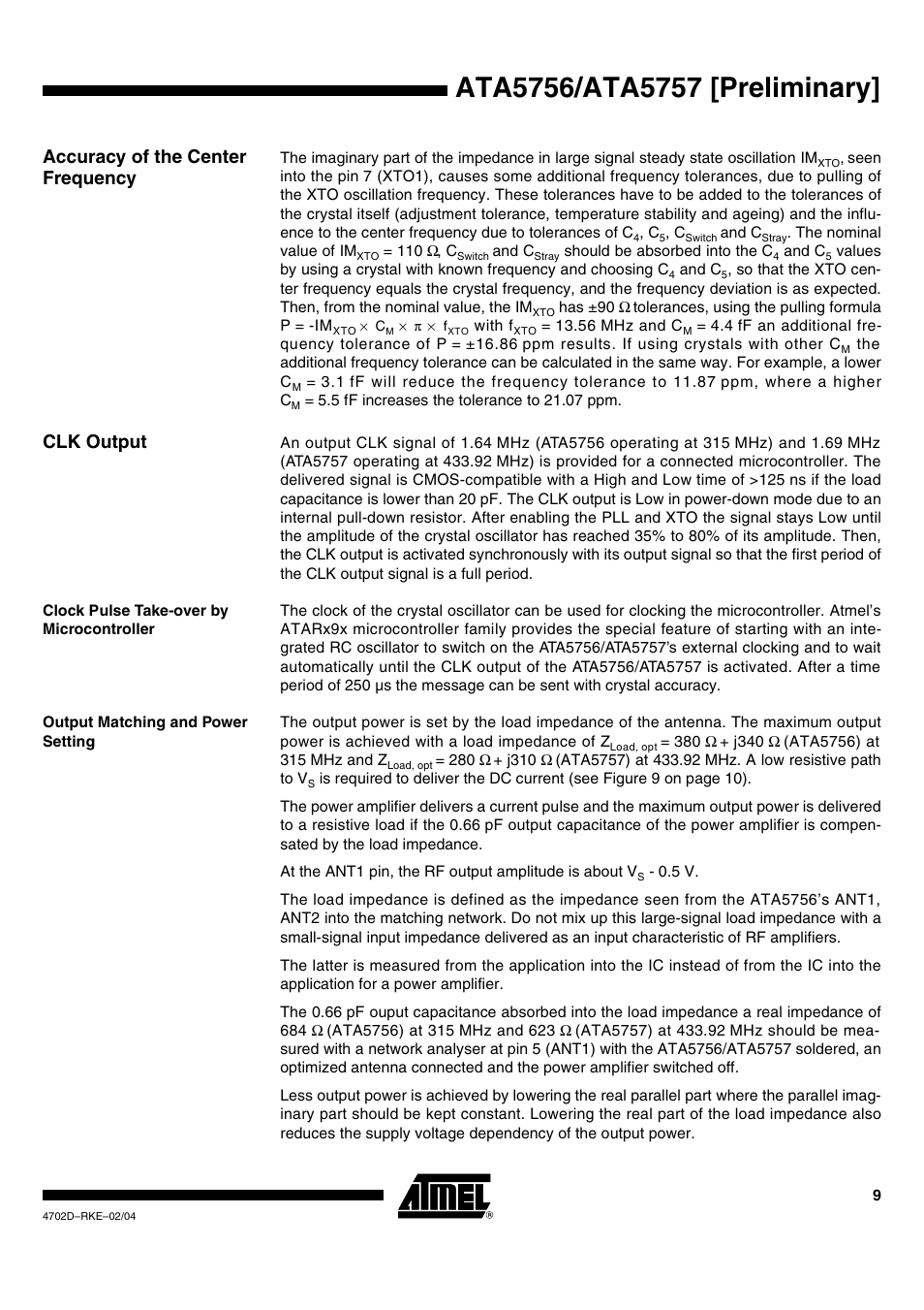 Accuracy of the center frequency, Clk output | Rainbow Electronics ATA5757 User Manual | Page 9 / 19