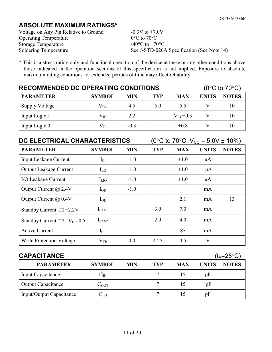 Absolute maximum ratings, Recommended dc operating conditions (0 °c to 70°c), Dc electrical characteristics (0 °c to 70°c; v | 0v ± 10%), Capacitance (t, 25 °c) | Rainbow Electronics DS1386 User Manual | Page 11 / 20