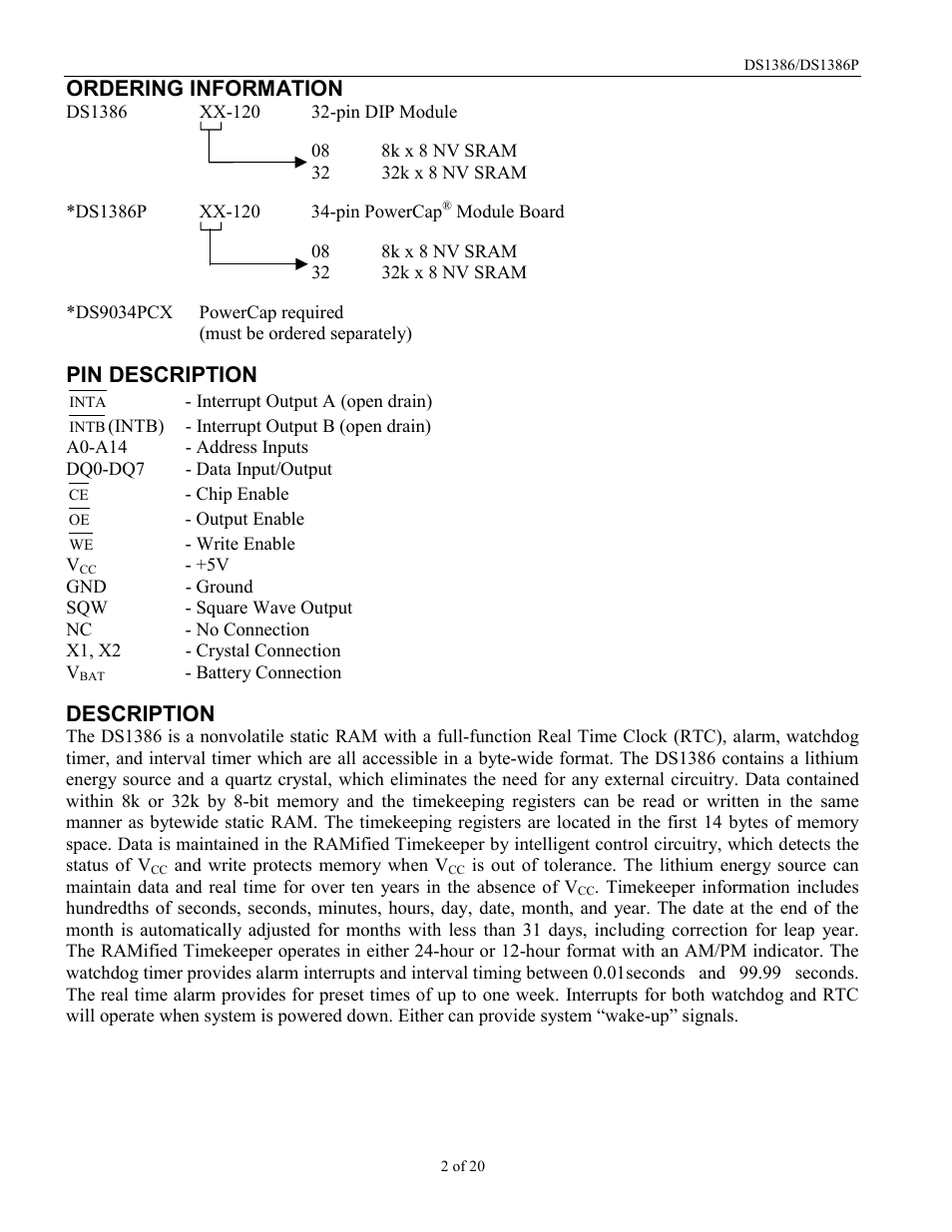 Ordering information, Pin description, Description | Rainbow Electronics DS1386 User Manual | Page 2 / 20