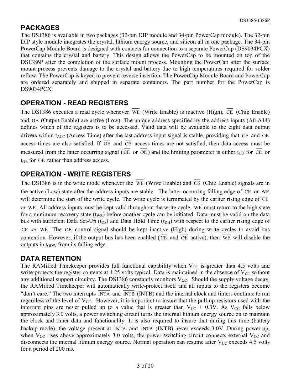 Packages, Operation - read registers, Operation - write registers | Data retention | Rainbow Electronics DS1386 User Manual | Page 3 / 20
