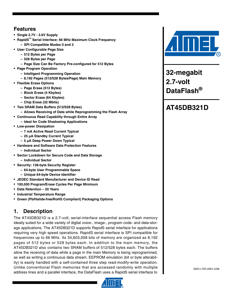 Rainbow Electronics AT45DB321D User Manual | 54 pages