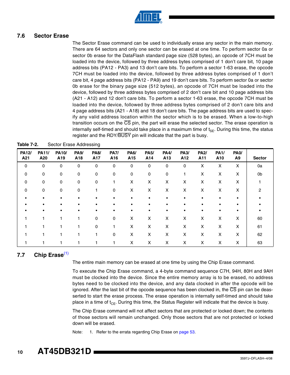 6 sector erase, 7 chip erase(1), 7 chip erase | Rainbow Electronics AT45DB321D User Manual | Page 10 / 54